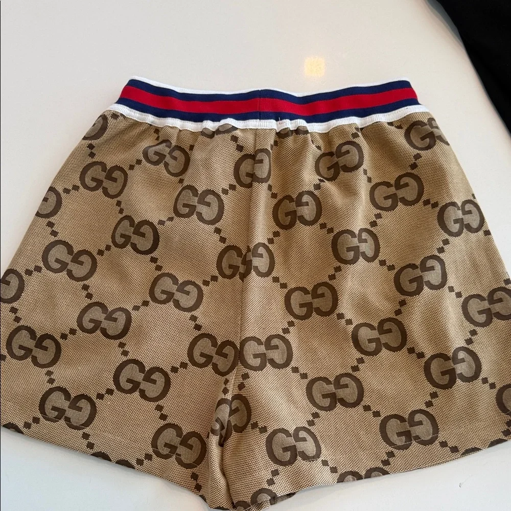 Gucci Beige GG Monogram Shorts with Red and Blue Waistband - Picture 2 of 2